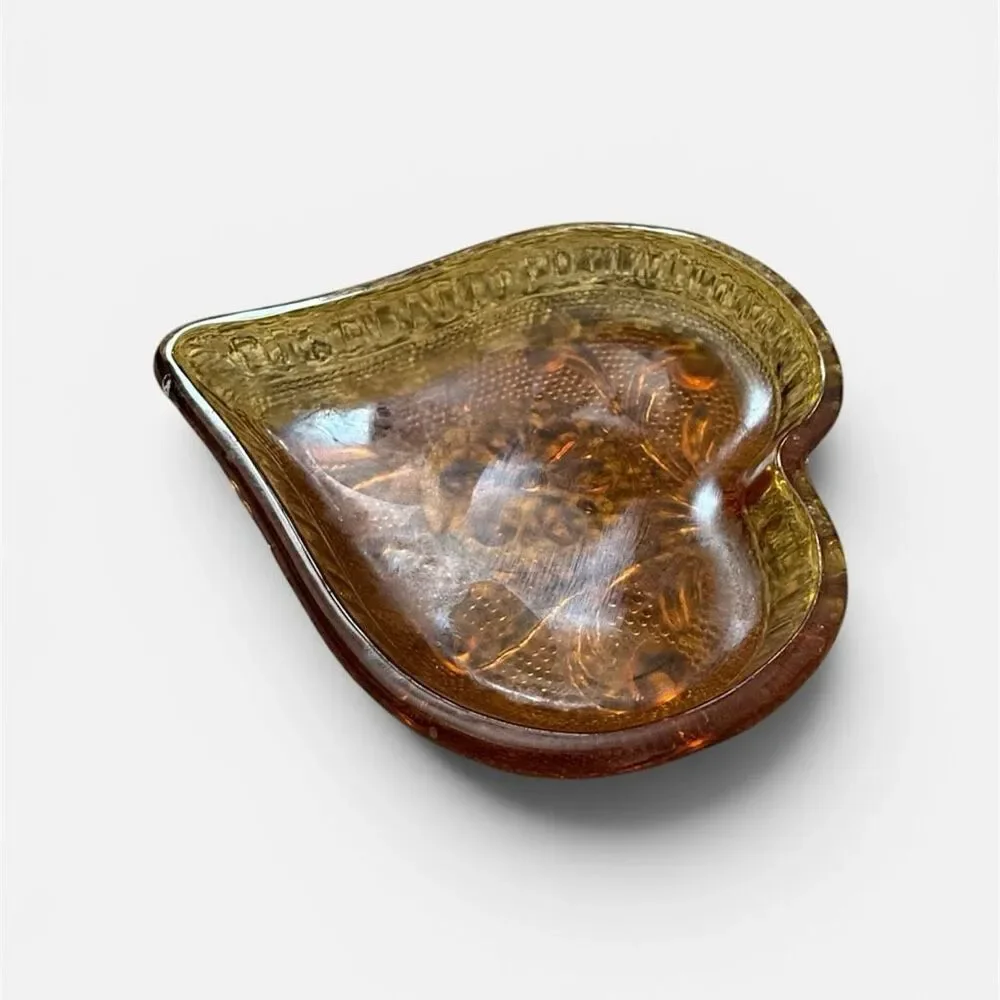 VTG MCM 70s Small Glass Amber Floral Trinket Bowl Heart Sunflower Small